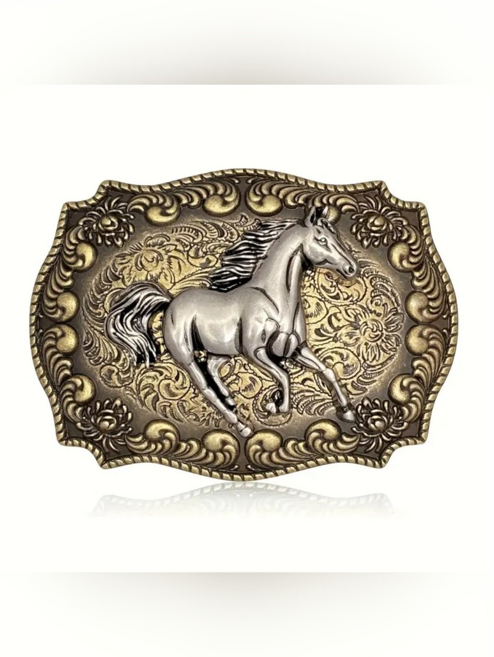 Western Running Horse Belt Buckle Cowboy Rodeo Antique Gold Silver Tone - Picture 1 of 1